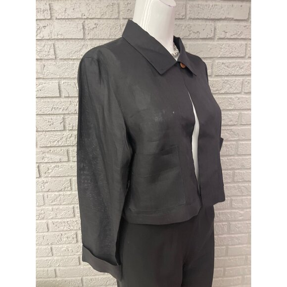 Yves Cossette for Saks Fifth Avenue Women Black Cropped Linen Top Size 10 - Picture 2 of 10
